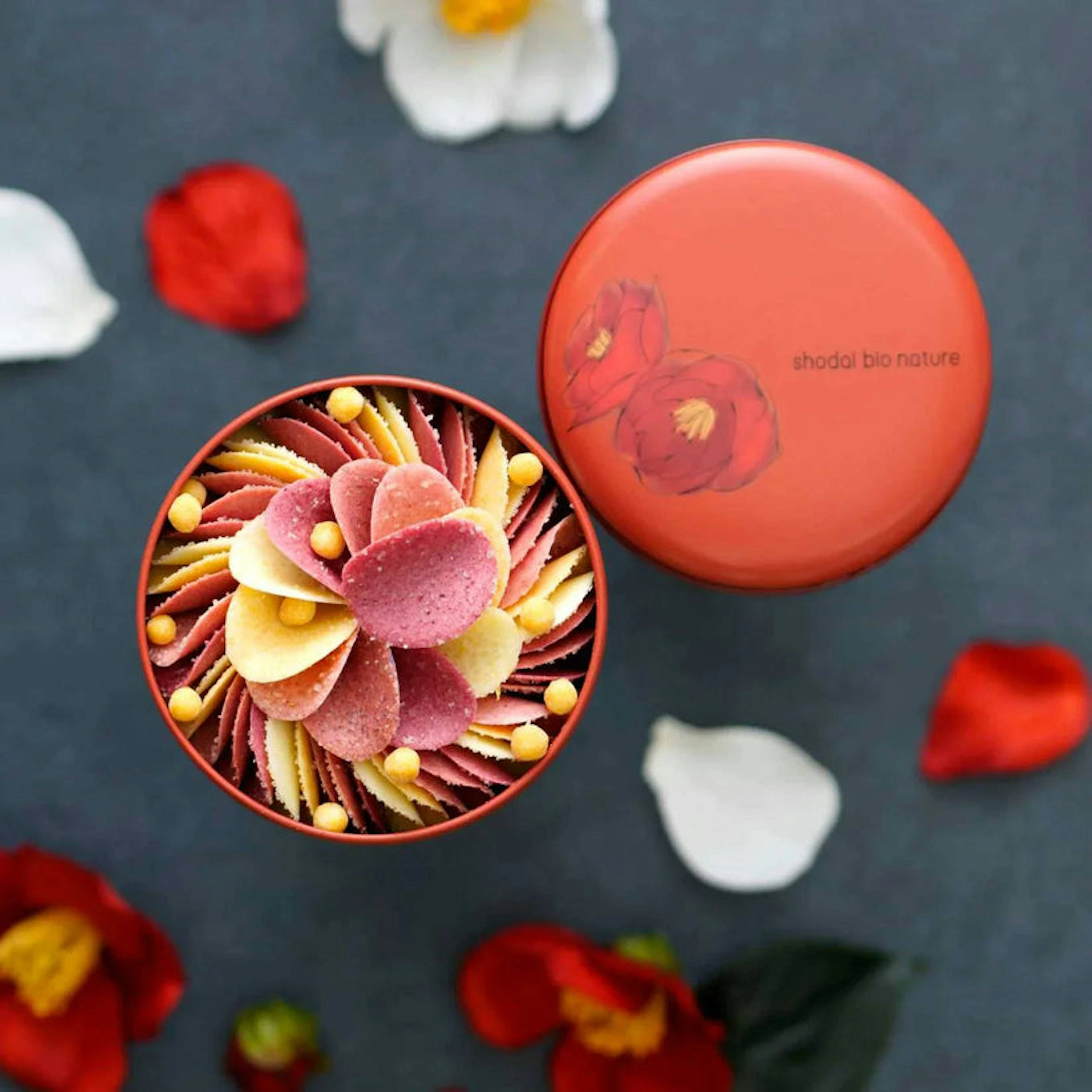 ショウダイビオのナチュールの美しい赤い缶に入った花びらのようなチョコレート
