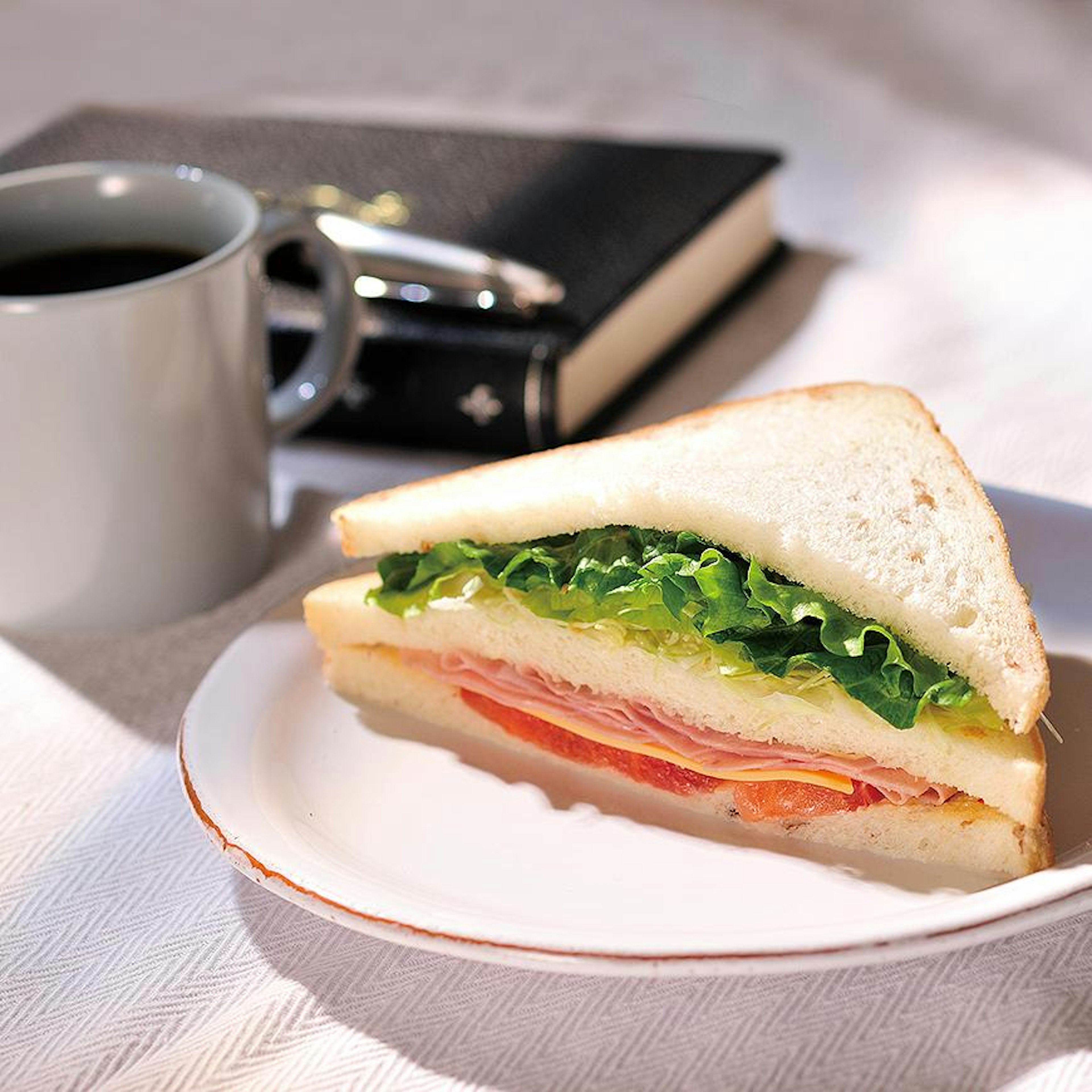 落ち着いたカフェで喫煙しながらサンドイッチを楽しむ