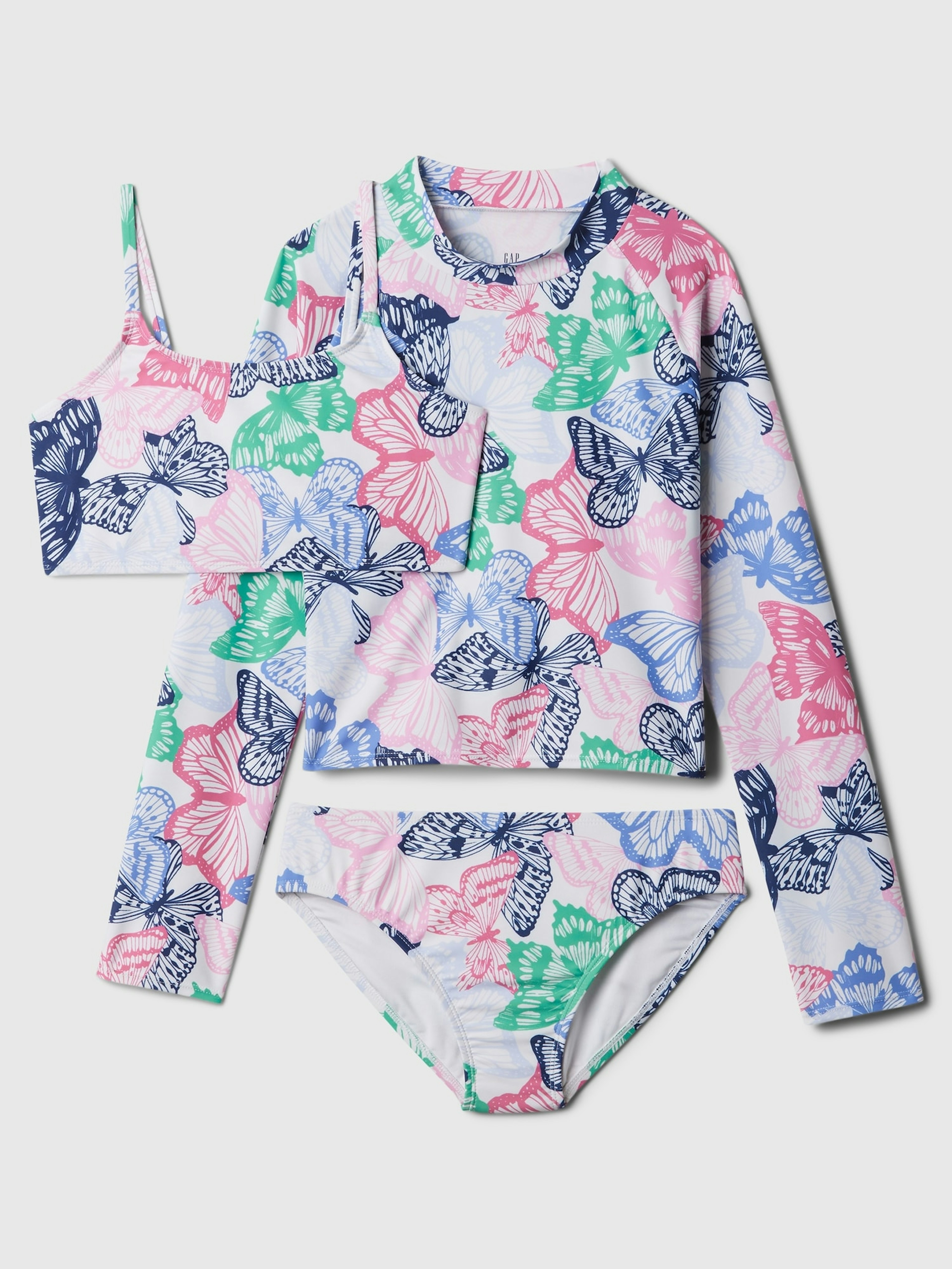 カラフルなバタフライ柄のGapのキッズ用水着セット