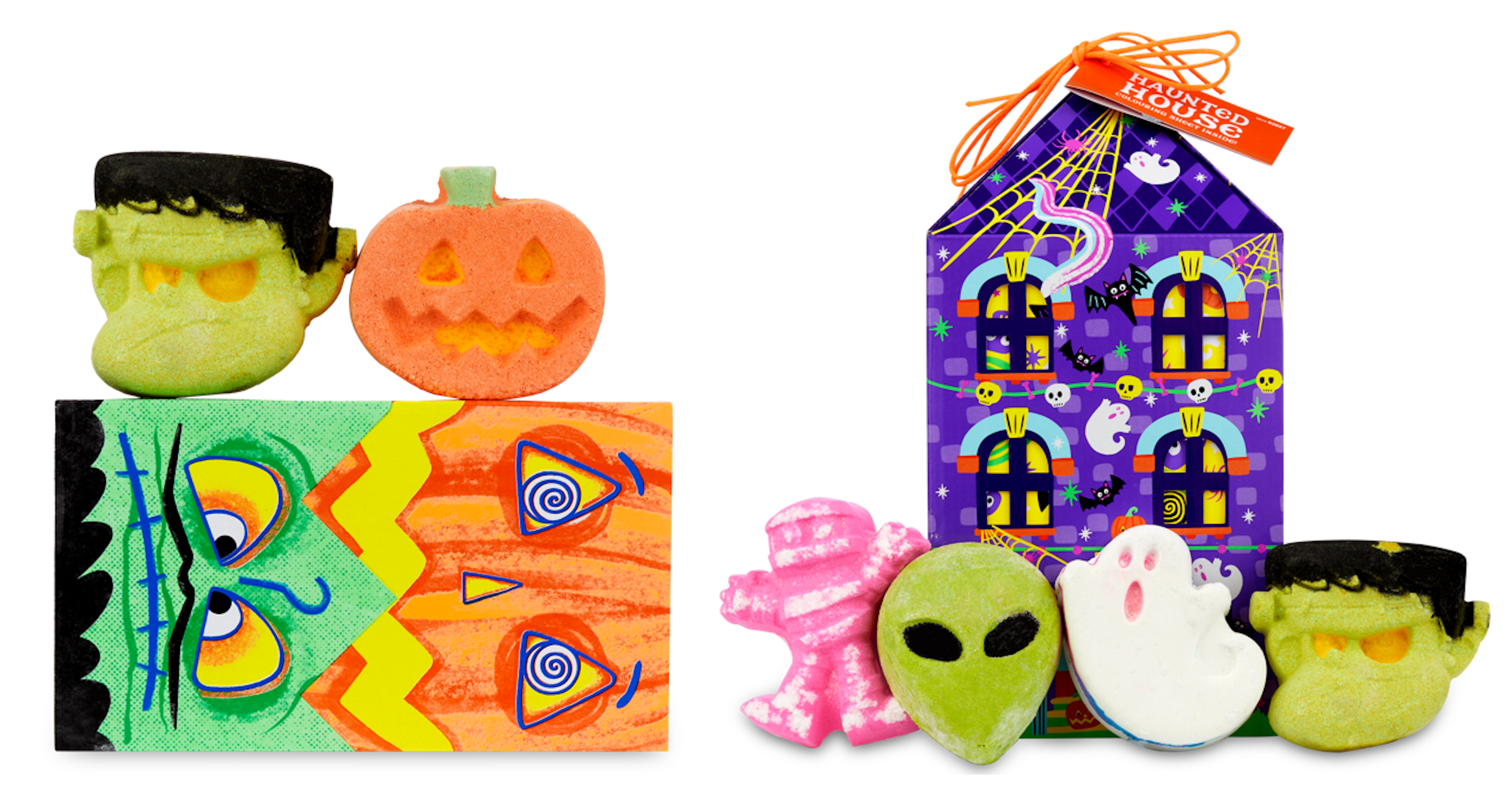 LUSHのハロウィンギフト。カラフルなバスボムが並んでいる。